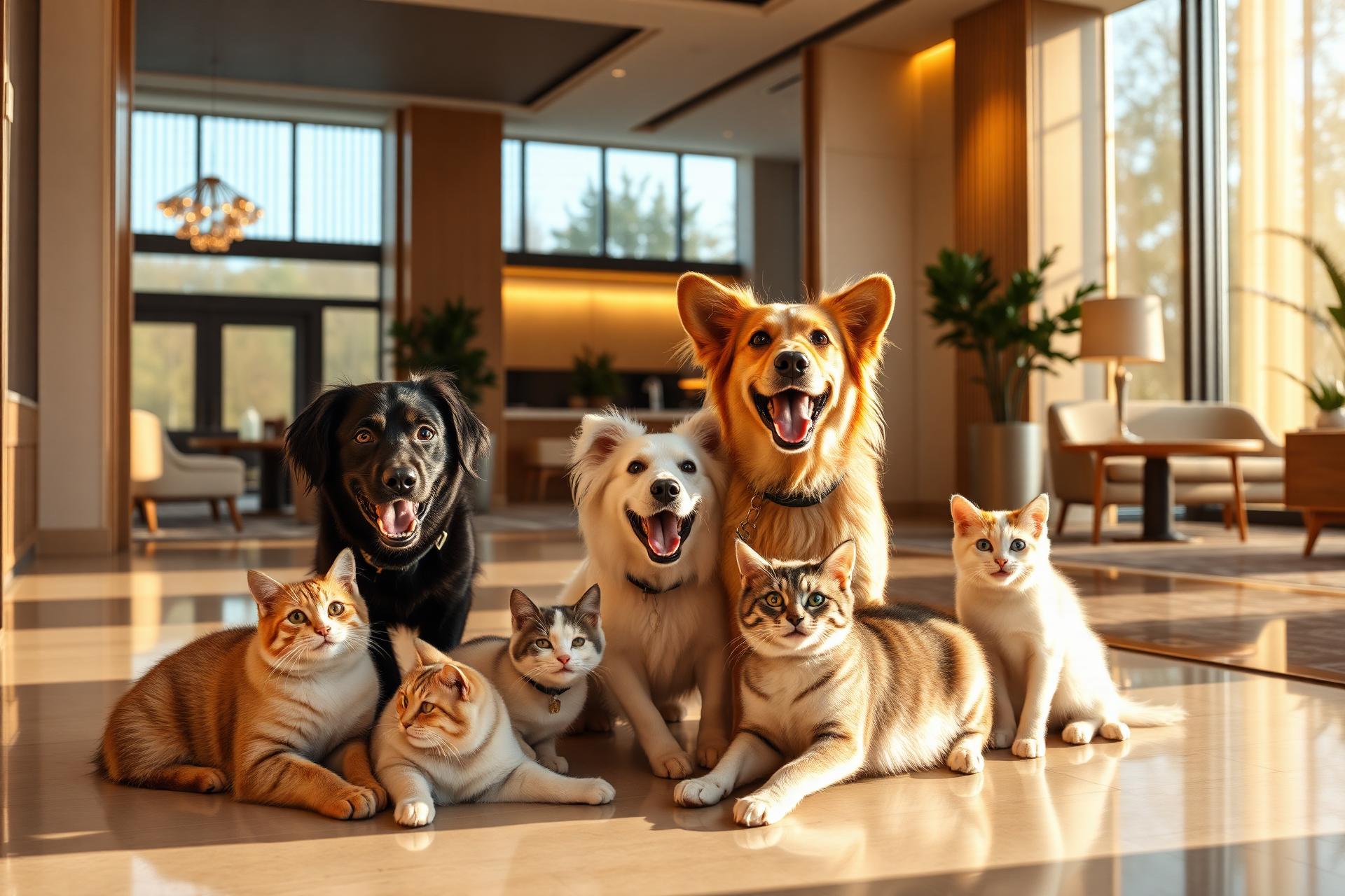 Cães e gatos felizes no Animal Sky Hotel
